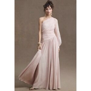 BHLDN One-Shoulder Maxi Dress Formal Gown Ruched Pink‎ Sparkle Size 4